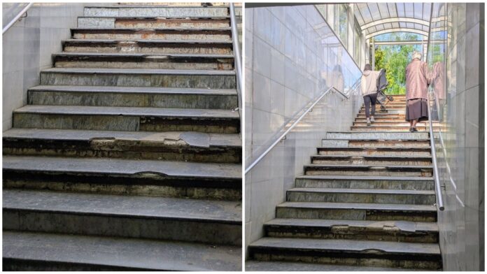 FOTO | Cum ajungi de la Podul Grant direct la ortopedie? O iei pe scările pasajului pietonal, parcă de la o zi la alta mai rupte și mai periculoase