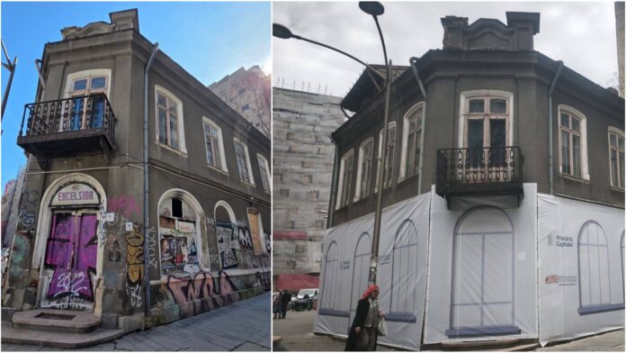 FOTO | Soluția Ciucu pentru clădirile de patrimoniu de pe Brezoianu și Gutenberg, monumente care stau să cadă sub „pelerine” din mesh-uri