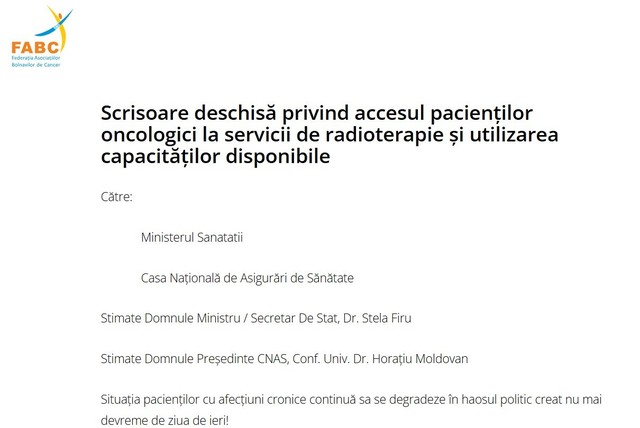 Scrisoare deschisă de alarmă privind accesul pacienților oncologici la servicii de radioterapie și utilizarea capacităților disponibile în România