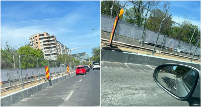 FOTO | Bd. Eroii Revoluției a intrat la apă, după ce pe mijloc a fost trântit un gard de borduri uriașe, care separă șoseaua de șina de tramvai. „Când ieșim din bloc, ne simțim ca la cimitir!”