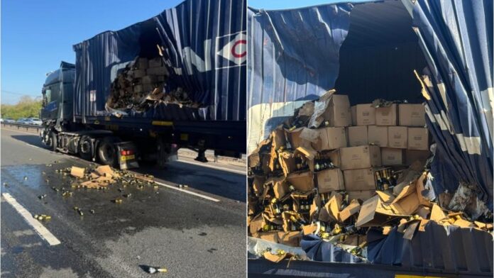 Haos pe autostradă: Un camion cu 20 de tone de prosecco a provocat un accident major în Marea Britanie