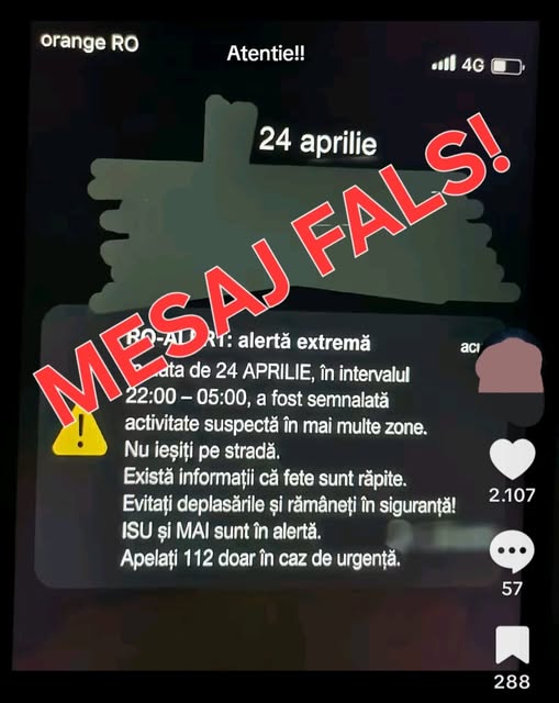 MAI: Mesaj fals RO-Alert distribuit pe rețelele sociale. Autoritățile avertizează asupra tentativelor de panicare a populației