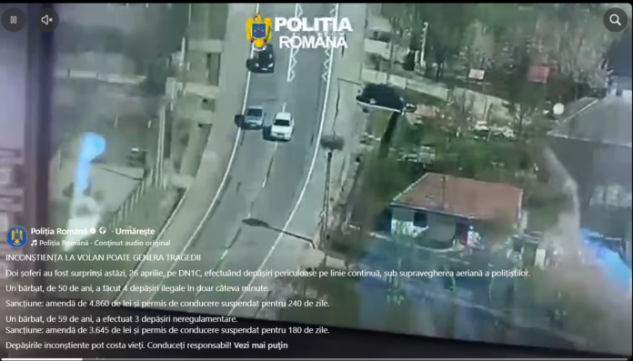 VIDEO: Doi șoferi prinși din elicopter în timp ce efectuează depășiri periculoase pe DN1C. Amenzi de mii de lei și permise suspendate pentru luni de zile