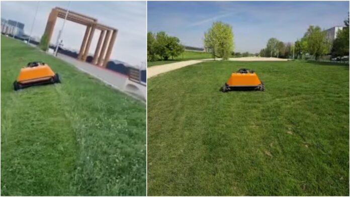 VIDEO | Mica unealtă secretă de la ADPDU Sector 6: Roboțelul care tunde iarba din parcuri și face treaba pentru 4-5 oameni